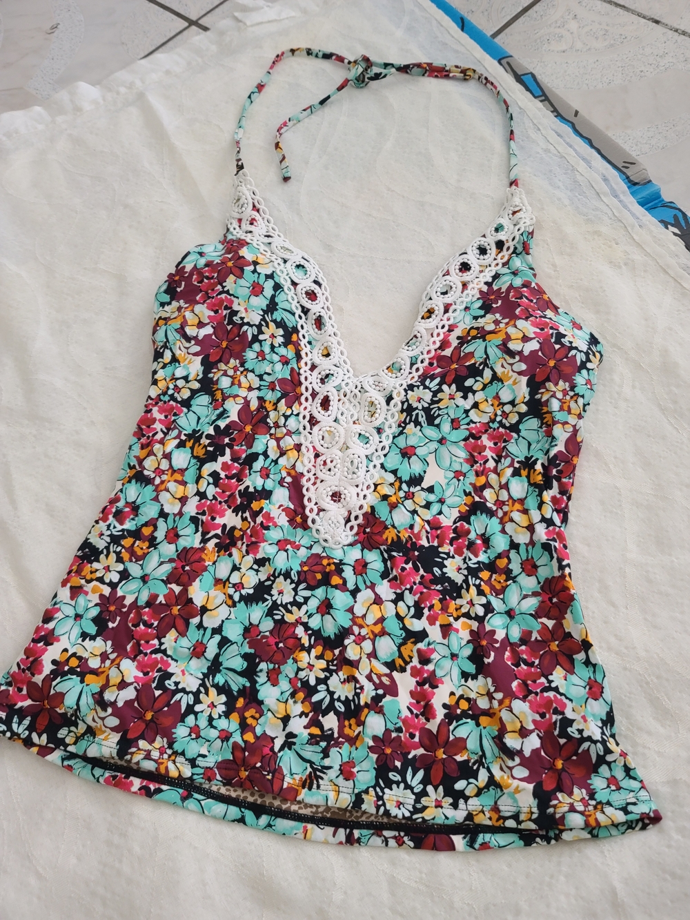 Floral Crochet-Trim Swim Camisole in Mint & Burgundy